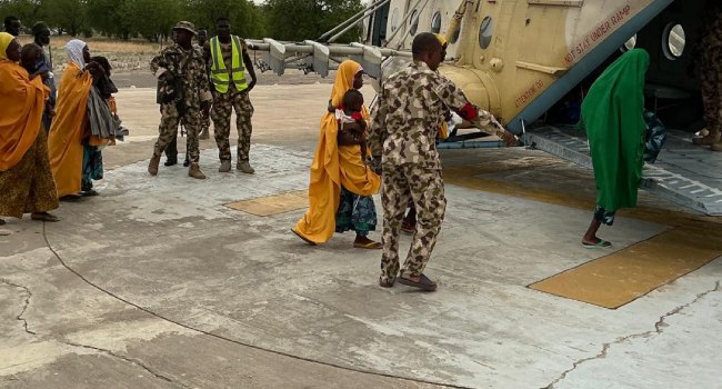 Troops and rescued civilians after ISWAP captivity in Borno