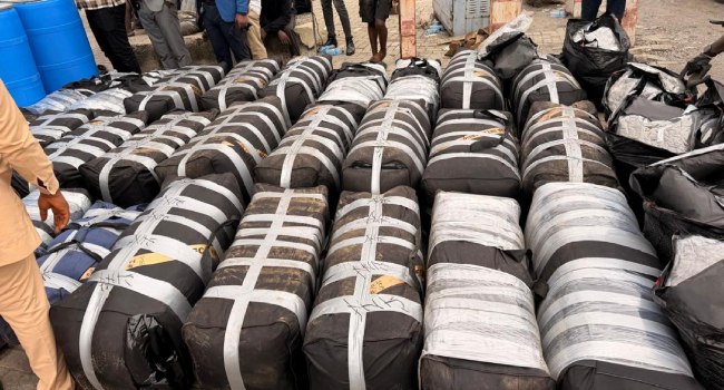 Seized cannabis bricks and expired pharmaceuticals displayed by NCS Apapa Area Command, June 2026