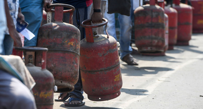 Cooking gas cylinders at an LPG retail point