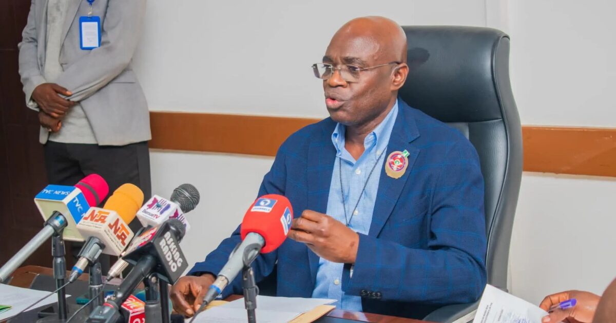 Benue State Governor Hyacinth Alia addressing reporters. Photo: Daily Post