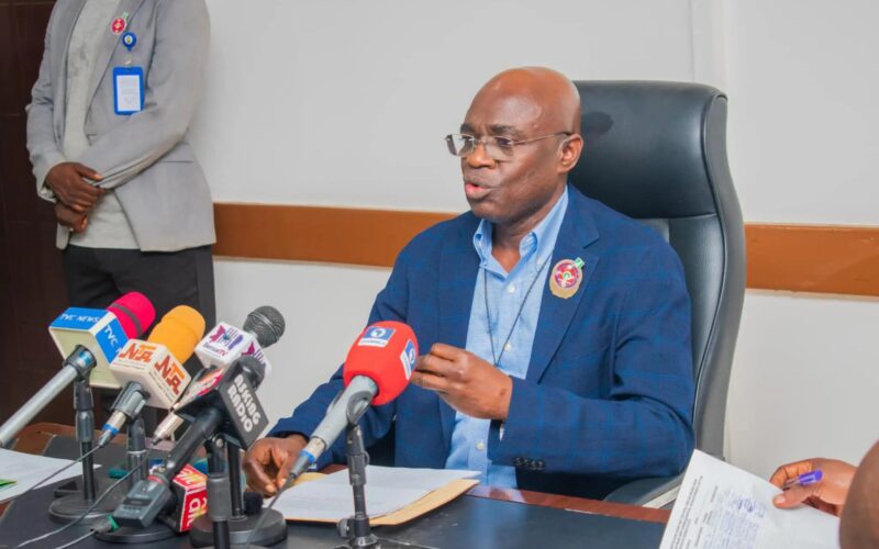 Benue State Governor Hyacinth Alia addressing reporters. Photo: Daily Post