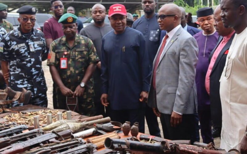 Gov Mbah Inspects ESN Arms Cache Recovered by DSS, Army in Enugu