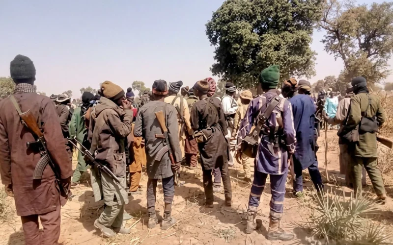 Armed men in bush terrain