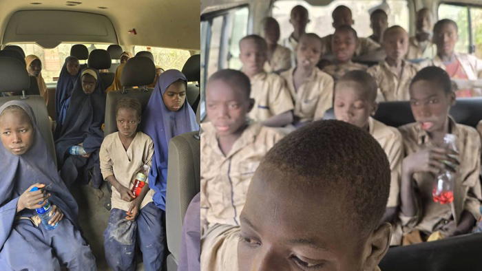 Rescued schoolchildren inside vehicles after a school abduction incident in northern Nigeria