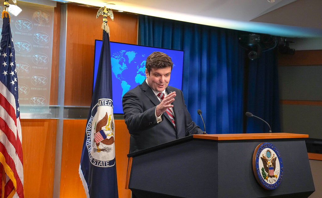 State Department spokesperson Tommy Pigott at a press briefing
