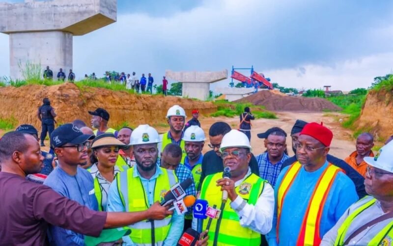 Works Minister Dave Umahi speaking during road project inspection in Ebonyi State