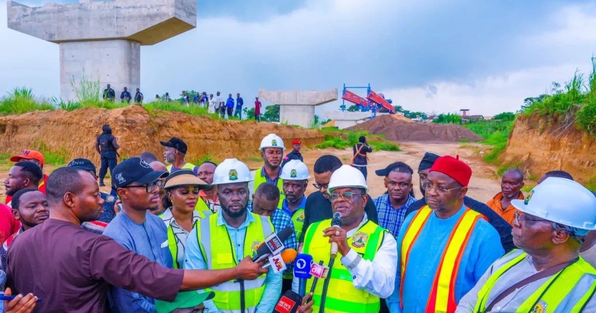 Works Minister Dave Umahi speaking during road project inspection in Ebonyi State
