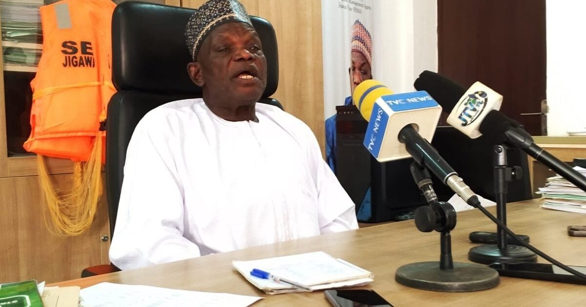 Jigawa SEMA Executive Secretary Hannafi Yakubu briefing journalists after windstorm damage