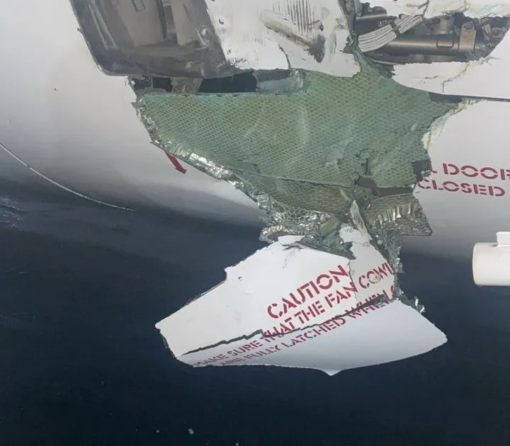 Damaged Air Peace aircraft engine after ground handling incident in Lagos