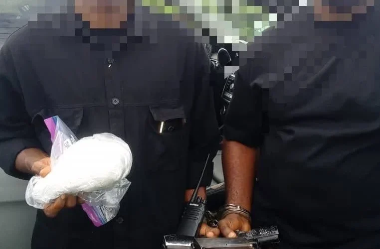 Two suspects and recovered items shown by Delta police