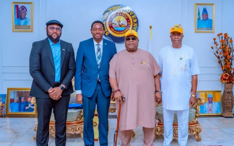 Source-origin photo from Punch showing Governor Ademola Adeleke with the British delegation in Osogbo.