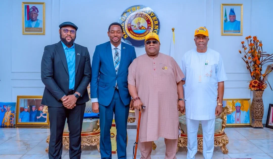 Source-origin photo from Punch showing Governor Ademola Adeleke with the British delegation in Osogbo.