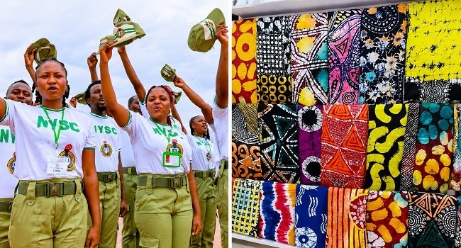 NYSC corps members beside colourful Adire fabrics