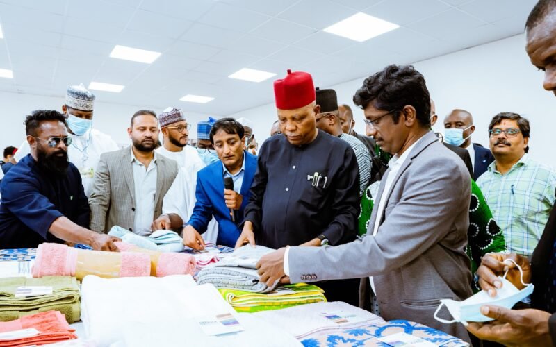 Vice President Kashim Shettima and Nigerian officials inspect textile products at Benin’s Glo-Djigbé Industrial Zone