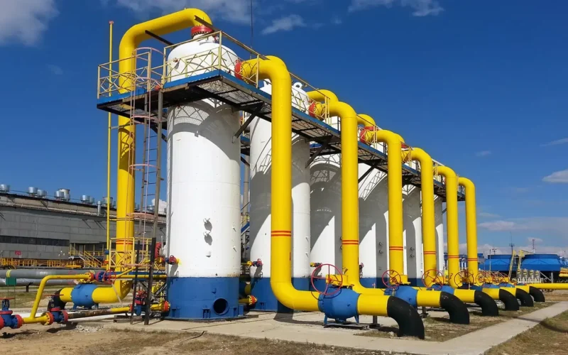 Gas-processing equipment and pipelines at an industrial facility