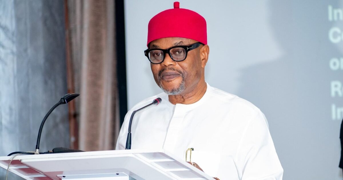 Former Science and Technology Minister Uche Nnaji speaking at a podium