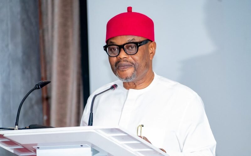 Former Science and Technology Minister Uche Nnaji speaking at a podium