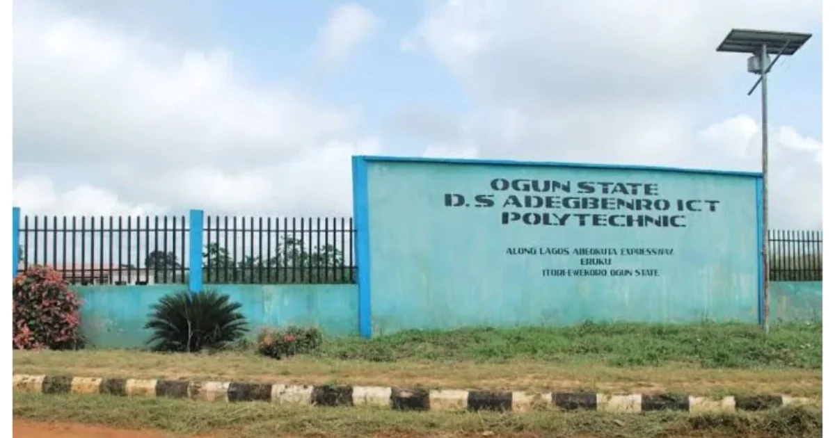 Entrance sign of D.S. Adegbenro ICT Polytechnic in Ogun State.