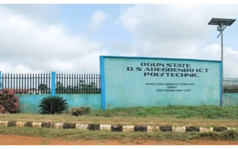 Entrance sign of D.S. Adegbenro ICT Polytechnic in Ogun State.
