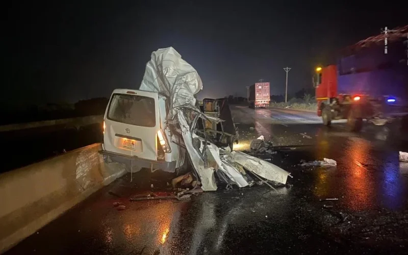 Wreckage from the Ogun road crash at Saapade Bridge along the Ibadan-Lagos Expressway.