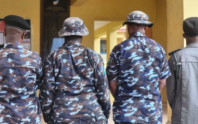 Four police officers arrested by the Ondo State Police Command stand with their backs to the camera
