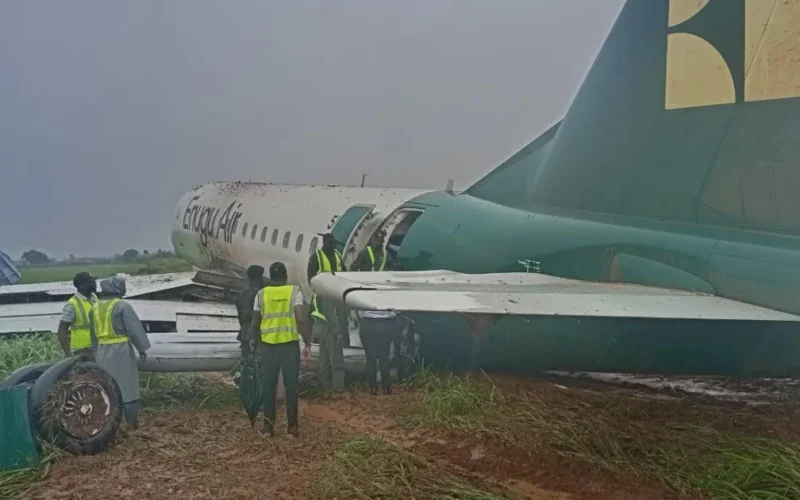 Enugu Air aircraft after a runway excursion at Benin Airport