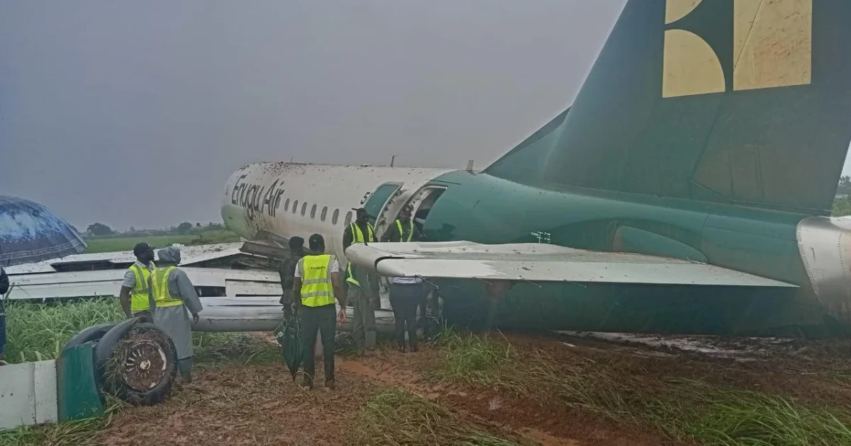 Enugu Air aircraft after a runway excursion at Benin Airport