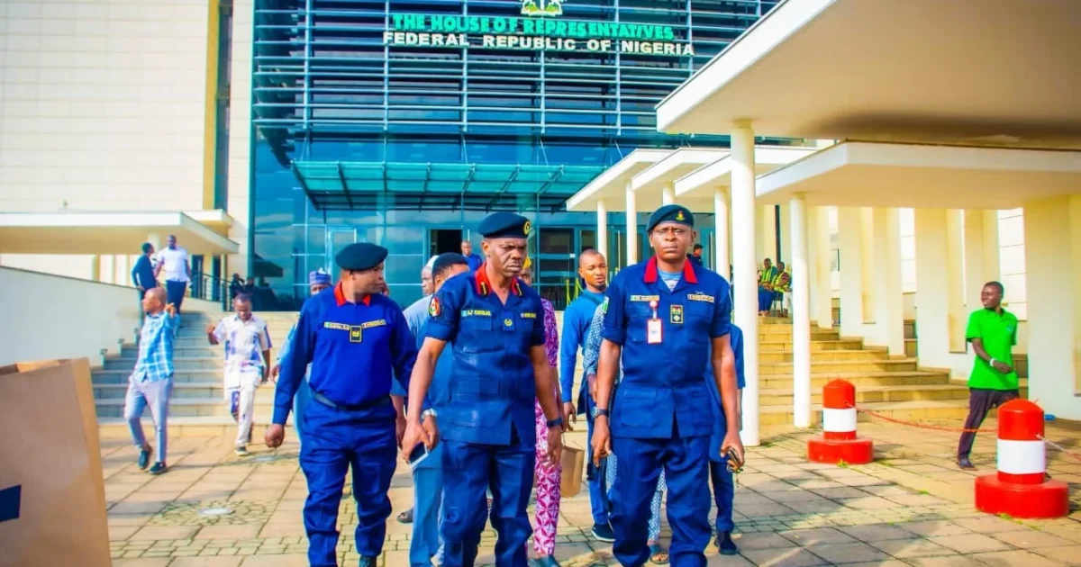 NSCDC Mining Marshals outside the House of Representatives complex in Abuja