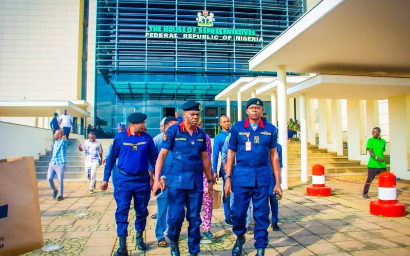 NSCDC Mining Marshals outside the House of Representatives complex in Abuja