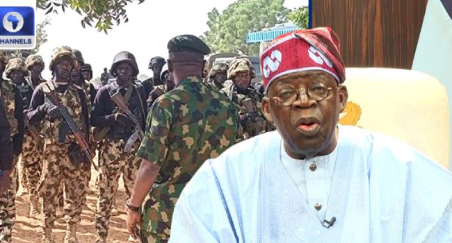 President Bola Tinubu and Nigerian soldiers in a Channels TV source image used for the Army expansion report