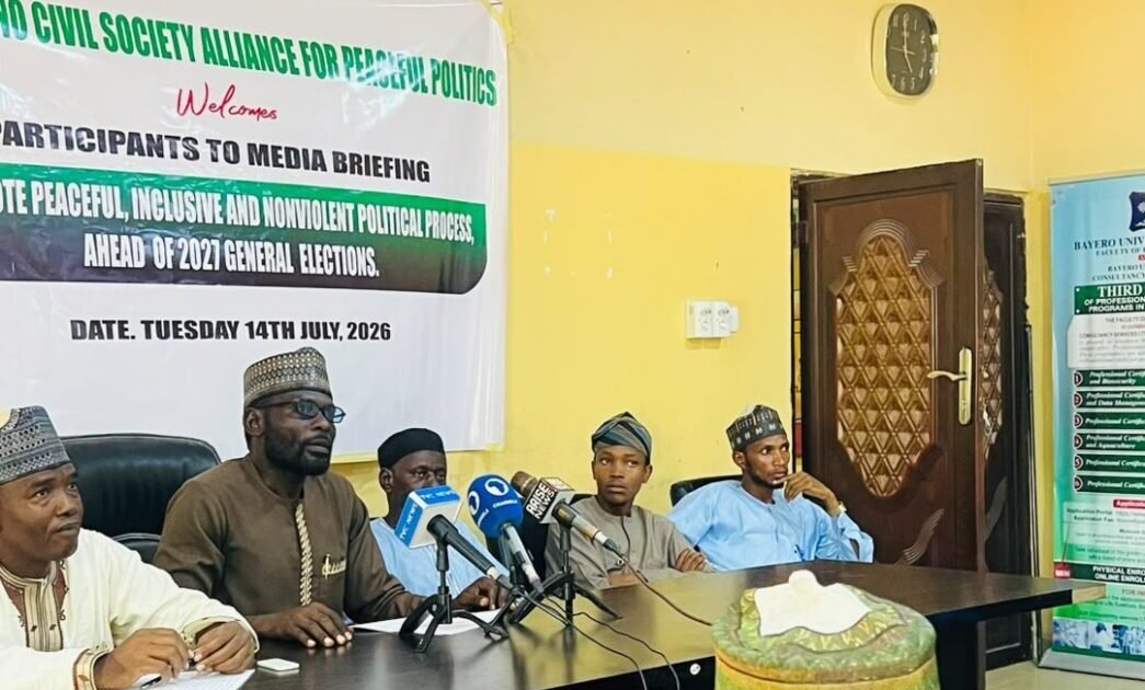 Kano Civil Society Alliance for Peaceful Politics members at a media briefing on political violence ahead of the 2027 elections