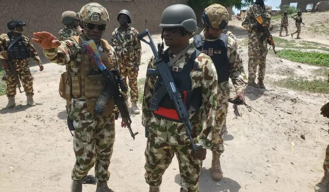 Illustrative photograph of Nigerian troops during security operations in Borno; not the wanted ISWAP commanders or the reported device recovery scene
