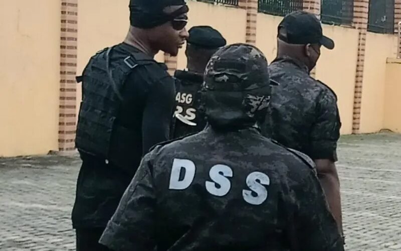 DSS officers in operational deployment; source image accompanying reports of the August 2026 arraignment of a retired DSS officer in Abuja over alleged IPOB support