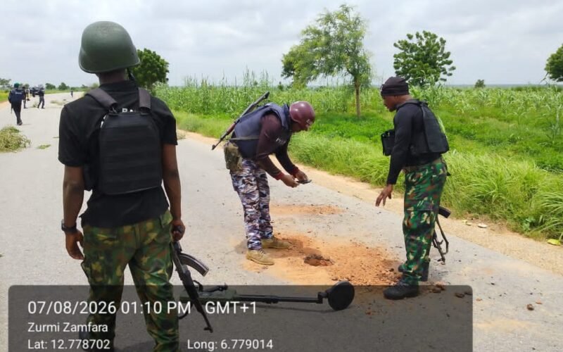 Security personnel inspect a road in Zurmi, Zamfara, after an IED alert