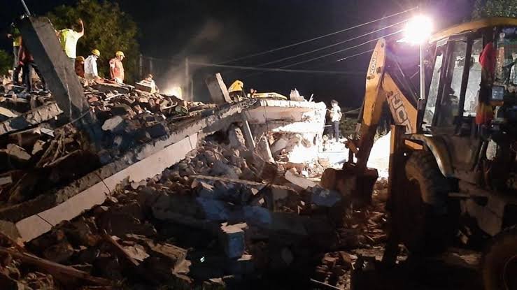 Collapsed building rubble during rescue work