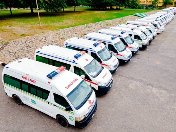 A row of ambulances used for emergency medical response