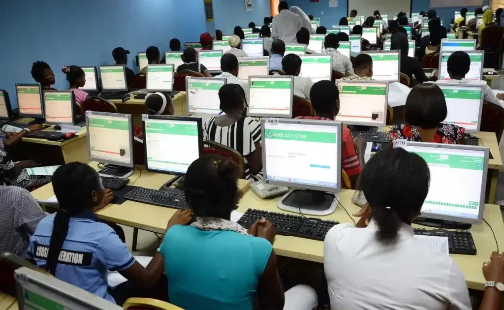 Candidates seated at computers during a JAMB UTME session