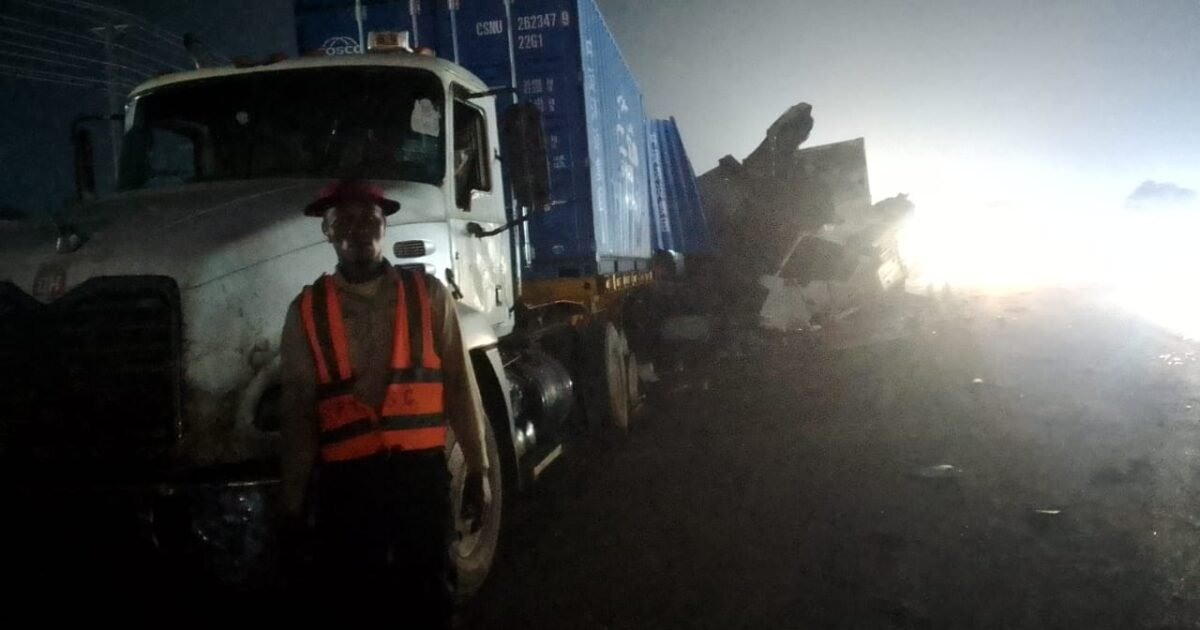 Truck and damaged vehicle at the scene of the Ogun multiple road crash