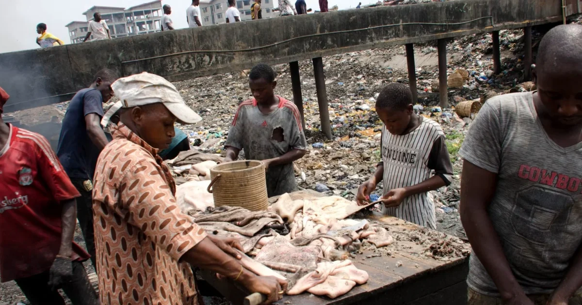 People working around an abattoir waste channel in Lagos