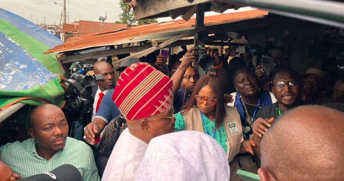 Governor Ademola Adeleke speaking to reporters during the Osun election