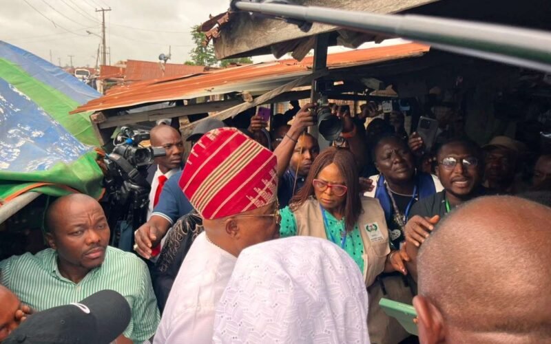 Governor Ademola Adeleke speaking to reporters during the Osun election
