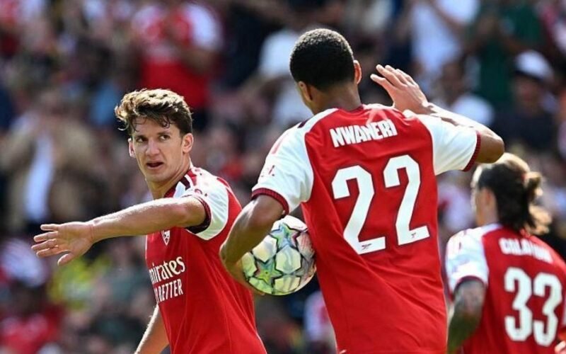 Arsenal players including Ethan Nwaneri during the Emirates Cup match against Borussia Dortmund