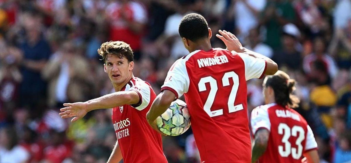 Arsenal players including Ethan Nwaneri during the Emirates Cup match against Borussia Dortmund