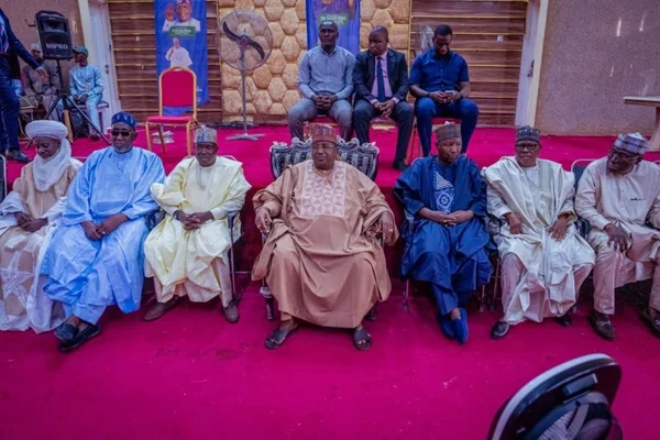 Kebbi State Governor Nasir Idris with political stakeholders at a running-mate announcement