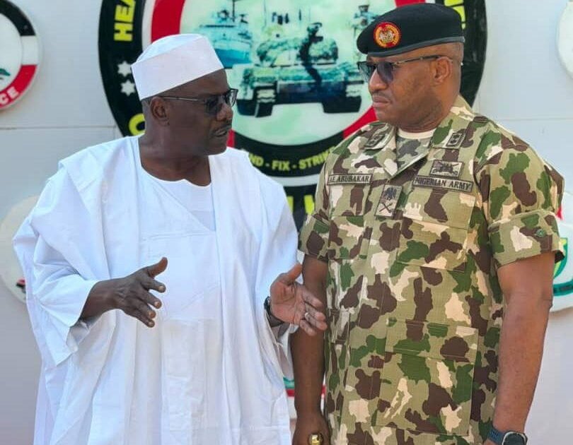 Mohammed Ndume with a Nigerian Army officer during a visit to the Operation Hadin Kai command in Maiduguri.