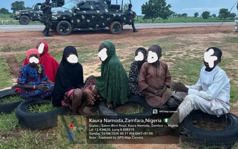 Rescued civilians pictured in Kaura Namoda, Zamfara, after troops repelled an attack
