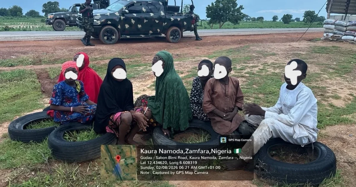 Rescued civilians pictured in Kaura Namoda, Zamfara, after troops repelled an attack