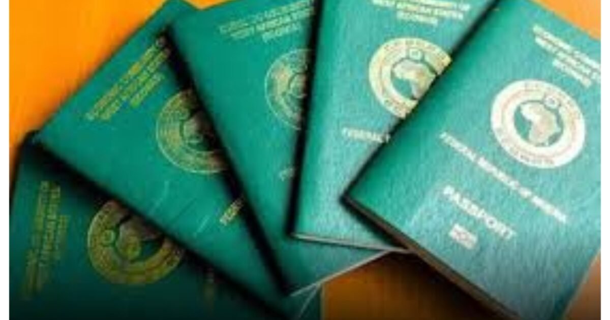 Nigerian passports arranged on a table