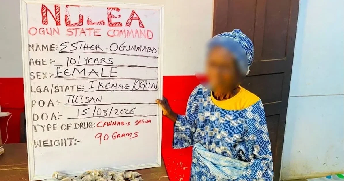 Esther Ogunmabo beside an NDLEA Ogun State Command board after her arrest over cannabis