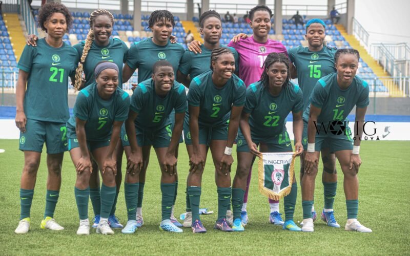 Nigeria Super Falcons players line up before a match.